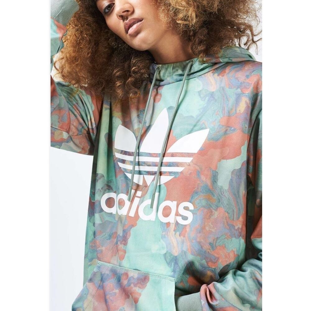 Adidas Originals Trefoil Logo Pink Green Watercolor Sweatshirt‎ Hoodie Size L
